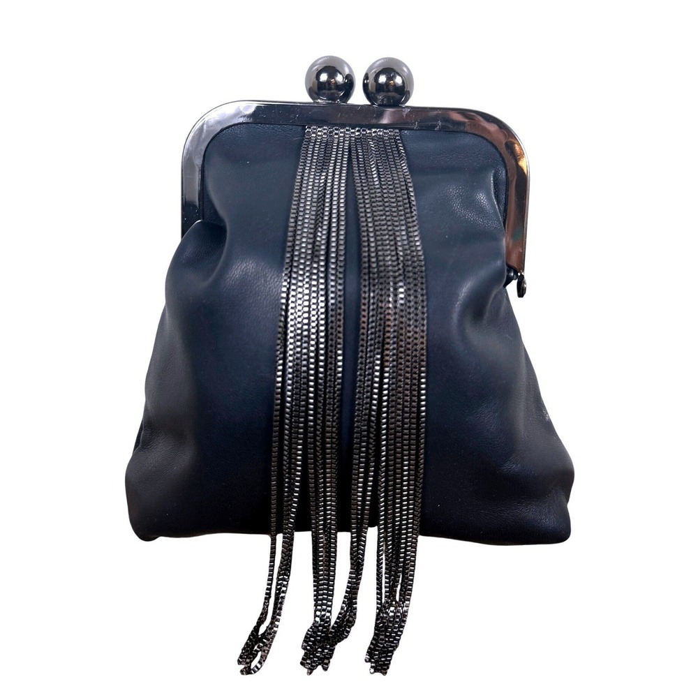Black Faux Leather Fringe Crossbody Frame Bag Handbag Chain Edgy Goth Evening